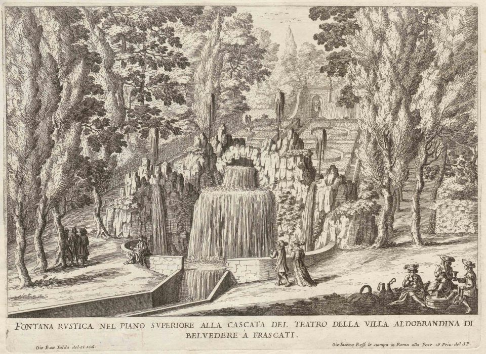 Giovanni Battista Falda: Fontana rustica nel piano superiore alla cascata, Radierung, o.J.