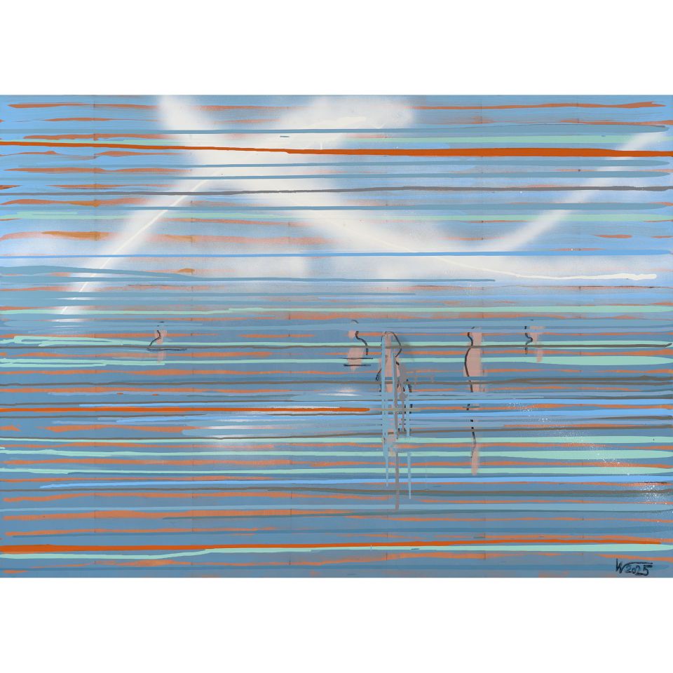 Matthias Wegehaupt: Badende und Himmelszeichen. 2025, Acryl und Öl auf Leinwand