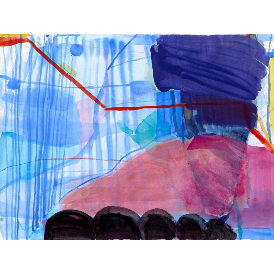 Tanja Zimmermann: Waliser Landschaft mit roter Linie. 2025, Aquarell auf Papier, 50 x 70 cm