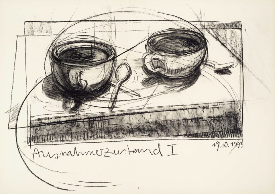 Markusz Schöne: Ausnahmezustand, Kohle auf Papier, 1993, 68,5x98,5 cm (1.500,00 €)