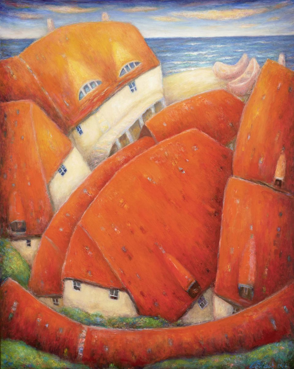 Matthias Gerlach: Rote Dächer am Meer, Öl auf Leinwand, 2013, 100x80 cm (940,00 €)