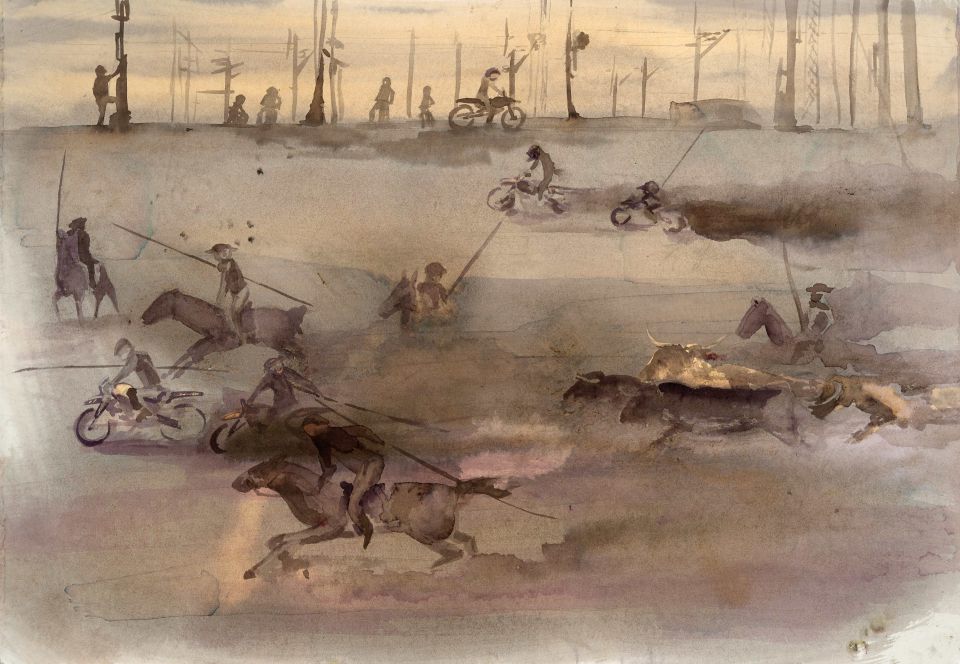 Björn Krause: Stiertrieb auf dem Feld, Aquarelltinte und Chlor auf Bütten, 2021, 43x62 cm inkl. Rahmen (500,00 €)