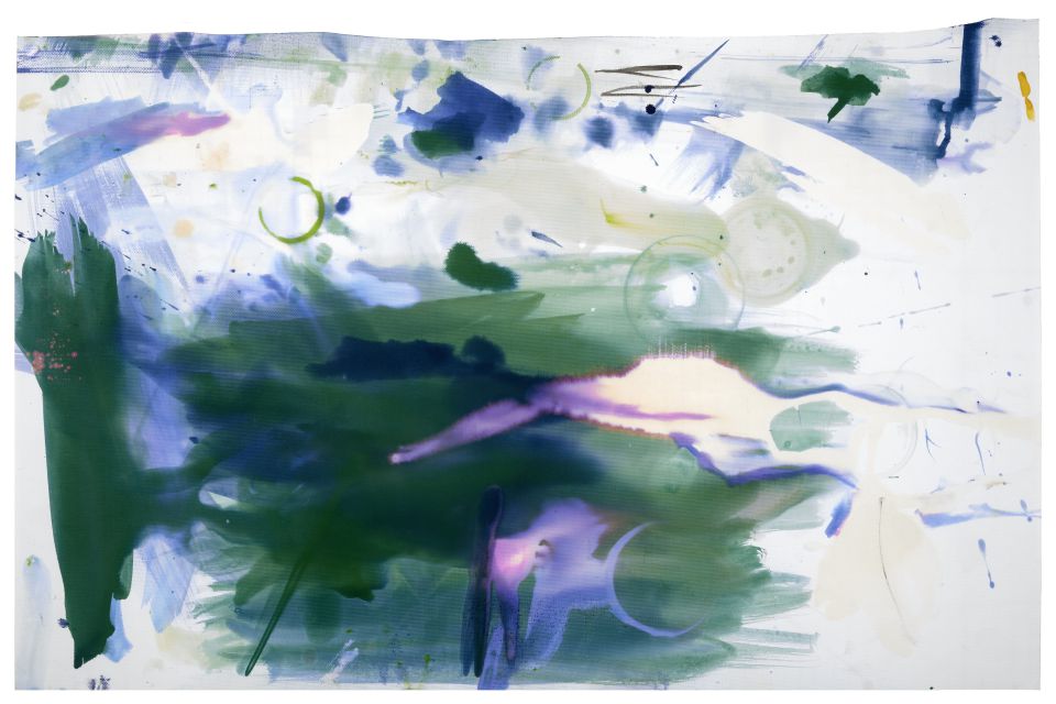 Kleines Kabinett - Björn Krause: nach dem Gewitter, Schreibtinte und Chlor auf Druckleinwand, 2021, 39x61 cm (95,00 €)