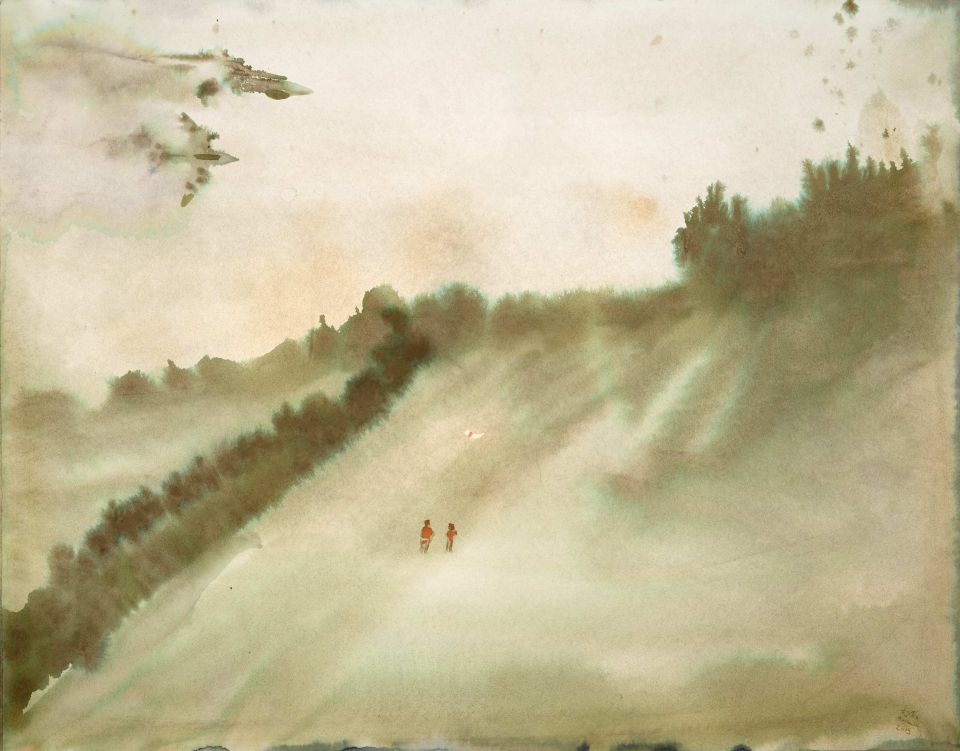 Björn Krause: Flugwildjagd, Aquarelltinte und Chlor auf Bütten, 2019, 52x68 cm inkl. Rahmen (500,00 €)