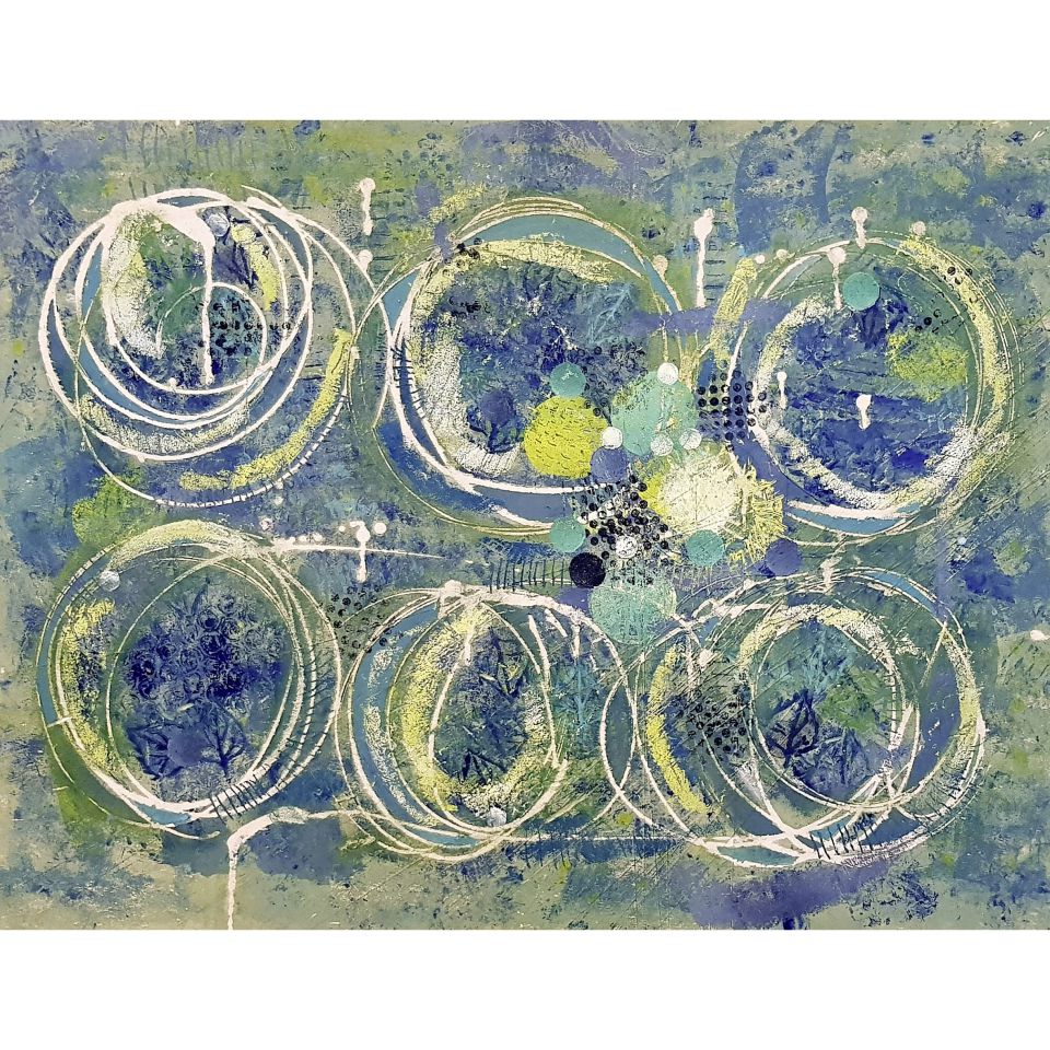 Heidrun Klimmey . Ich drehe mich im Kreis . Monotypie auf Faserplatte . 2024
