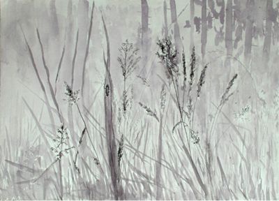 Christine Dockhorn: Zwischen den Gräsern. 2016, Tuschezeichnung, 51x39 cm