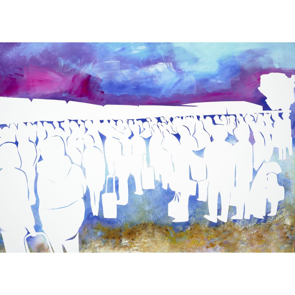 Daria Gabruk: Ein Krieg, der die Menschen zwang, ihre Heimat zu verlassen.  2022,  Acryl auf Leinwand