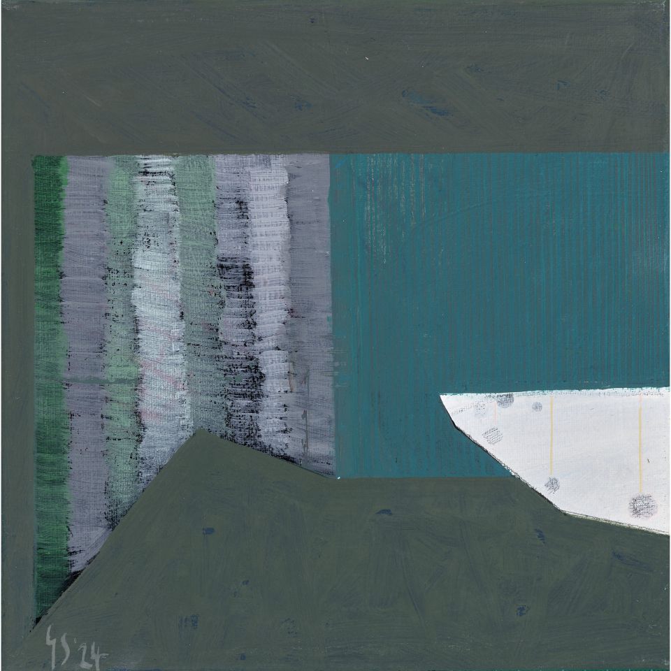 Grit Sauerborn, Ins Schilf. 2025, Acryl, Tusche auf Leinwand, 30x30 cm