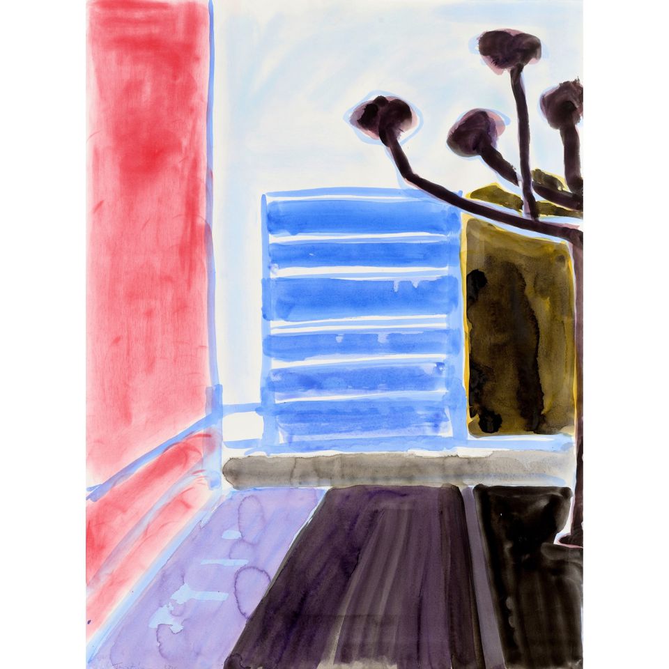 Tanja Zimmermann: Platanen in B. mit Haus. 2025, Eitempera auf Papier, 70 x 50 cm