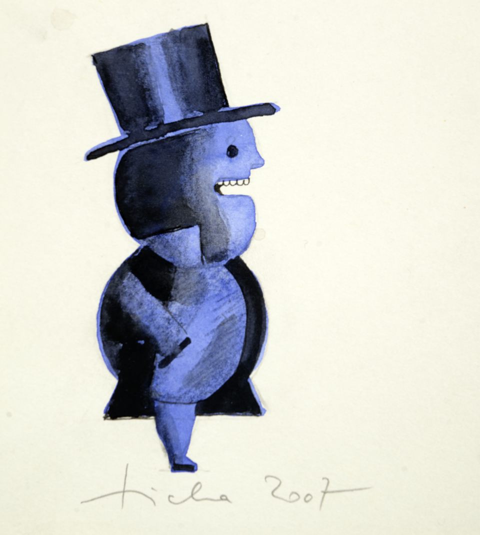 Hans Ticha: Studien zum Snob Buch-Snob (blau). Aquarell, Bleistift, Graphit, 2007