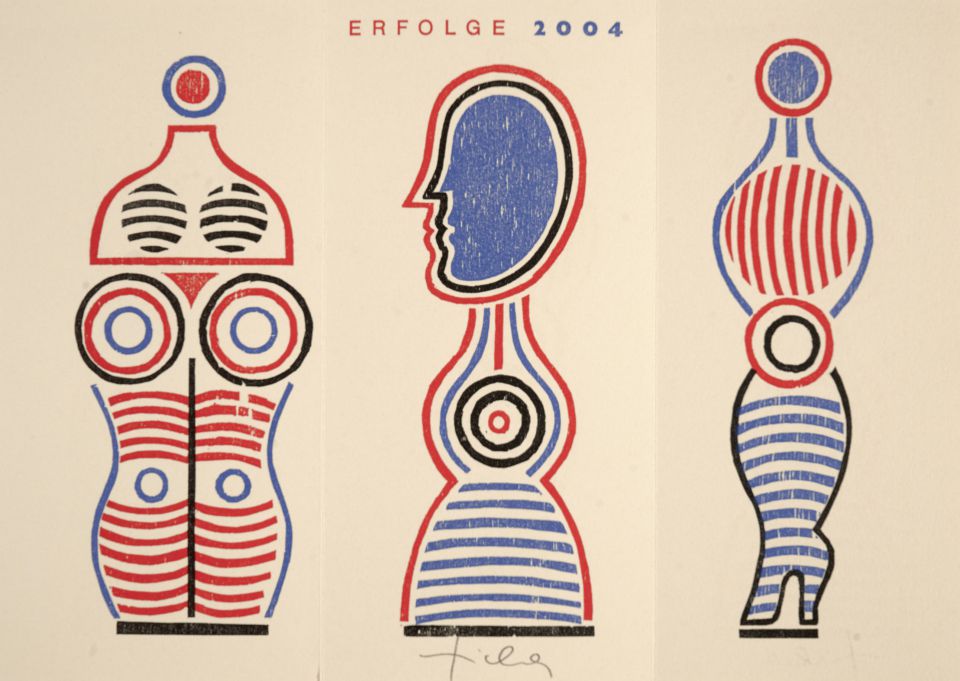 Hans Ticha: Erfolge (Neujahrsgruß) 2004. Hochdruck, mehrfarbig, 2003
