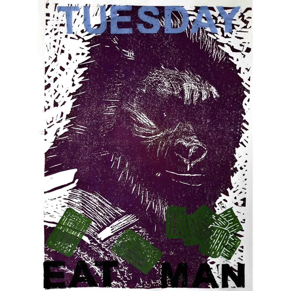 Kenneth Friend: Eat Man. Linolschnitt auf Japanpapier, 2023, 30x21 cm