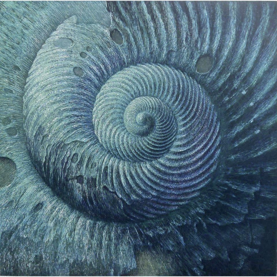 Olaf Hoppe: Atlantis-1 (Element Wasser). Farbholzschnitt von 8 Holzstöcken auf Bütten, 2014, Auflage 200 Exemplare auf Bütten nummeriert und handsigniert, 37 x 37 cm