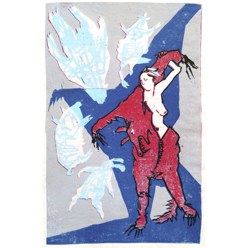 Gudula Zientek: Tierhandlung. fünffarb. Linoldruck, 2022, verl. Form, ca. 24 x 15 cm