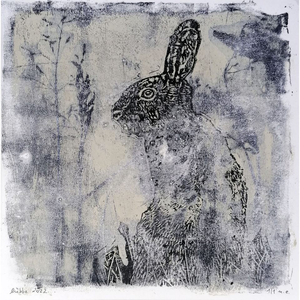 Ute Lübbe: o.T. Linolschnitt auf Monotypie (Unikat), 2022, 40x40 cm
