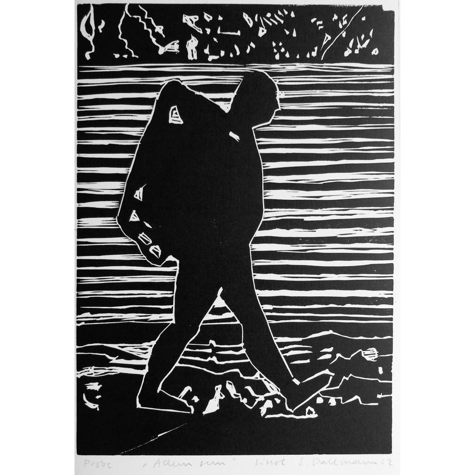 Sylvia Dallmann: Hommage a` H. Metzkes. Linolschnitt/ Probedruck, 2022, 32,5 x 41 cm