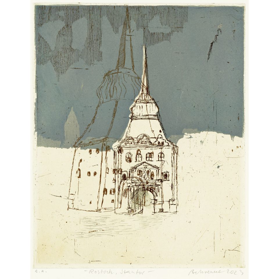 Falko Behrendt: Rostock, Steintor. 2023, Farbradierung, 25x20 cm