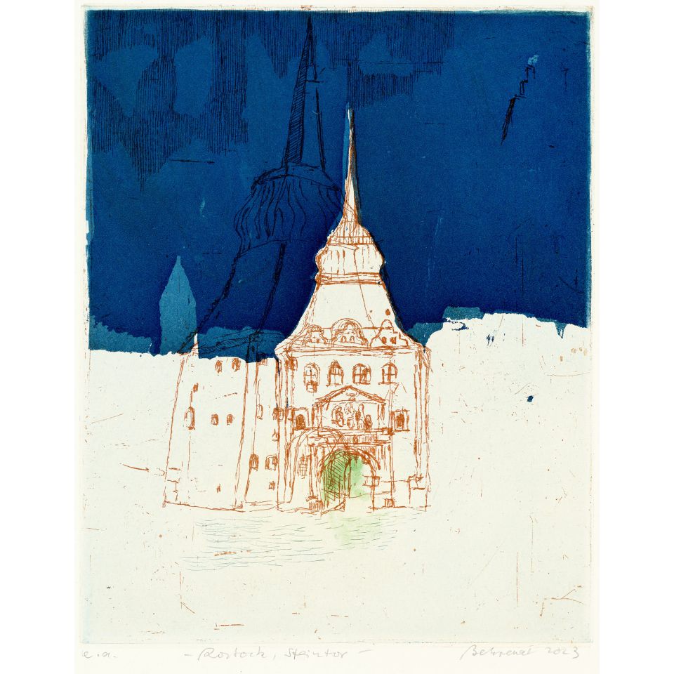 Falko Behrendt: Rostock, Steintor. 2023, Farbradierung, 25x20 cm