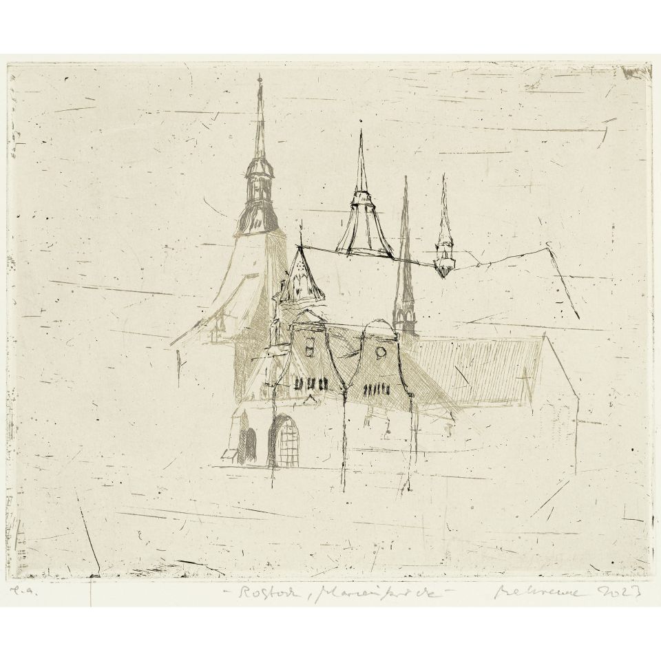 Falko Behrendt: Rostock, Marienkirche. 2023, Farbradierung, 20x25 cm