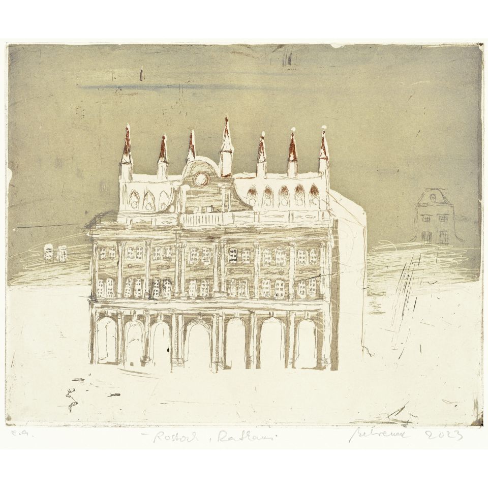 Falko Behrendt: Rostock, Rathaus. 2023, Farbradierung, 20x25 cm
