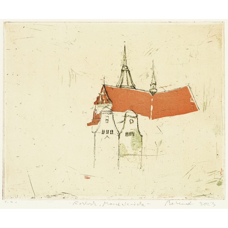 Falko Behrendt: Rostock, Marienkirche. 2023, Farbradierung, 20x25 cm