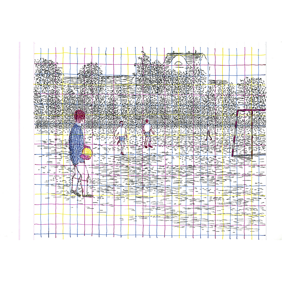 Maria Elise Raeuber: Ballsportverein 2. Zeichnung, Tusche Cyan, Magenta, Yellow, Black, 2021, 21x30 cm