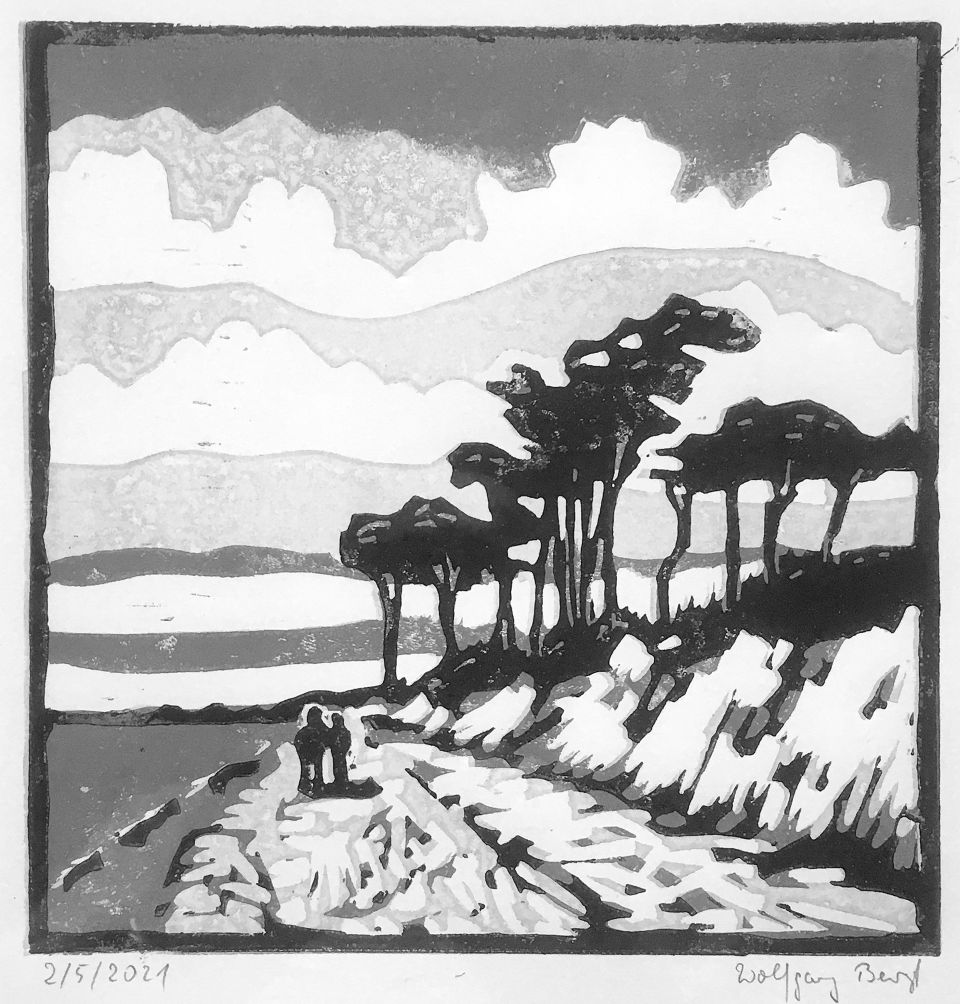Wolfgang Bergt: Darßer Weststrand. Mehrfarbenlinolschnitt, 2021, 21x21 cm