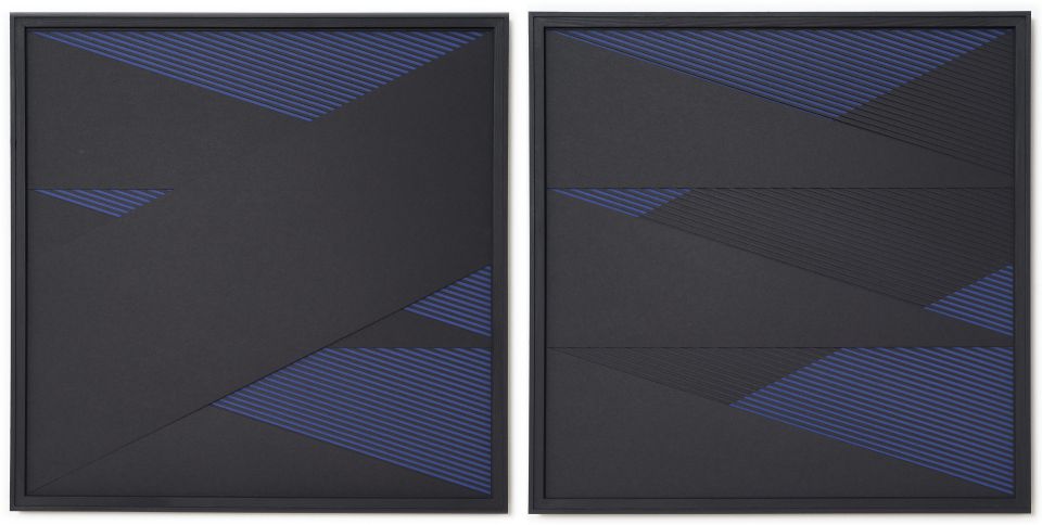 Stine Albrecht: Schwarz-Blau I+II, Pappe gelasert, Relief, zweiteilig, 2021, je 49x49 cm (500,00 €)