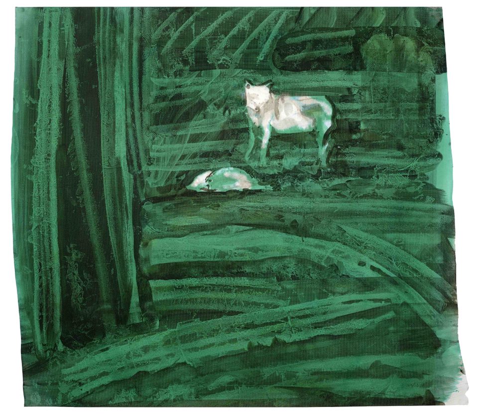 Björn Krause: Schwarzwildjagd 2021, Schreib- und Rußtinte, Chlor auf Druckleinwand, 2021, 61x67 cm inkl. Rahmen (740,00 €)