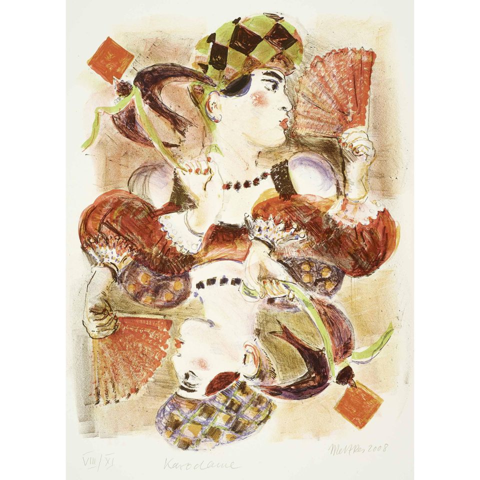 Harald Metzkes: Karo Dame. 2008, Farblithografie, 46x35 cm