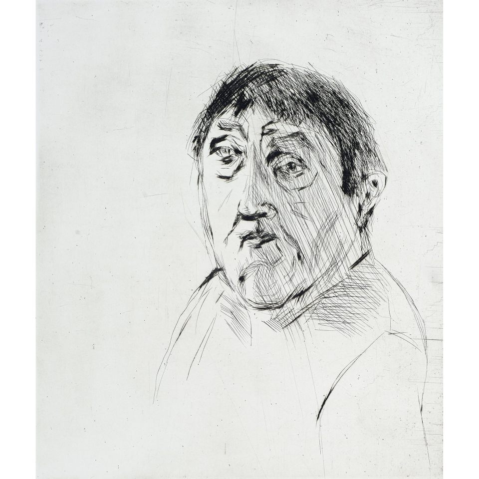 Joachim John: Selbstbildnis. 1985, Kaltnadelradierung, 26x22 cm