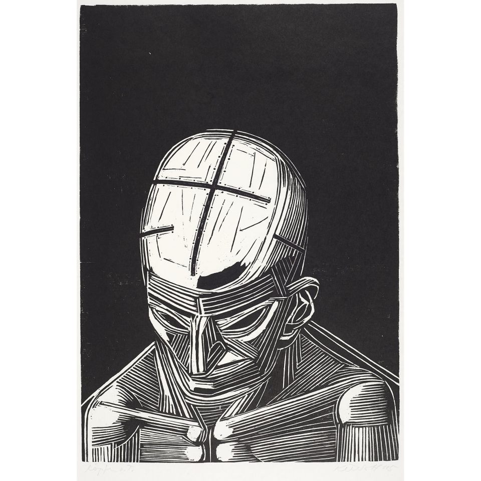 Rolf Kuhrt: o.T. aus Serie Köpfe. 2005, Holzschnitt,65x45 cm