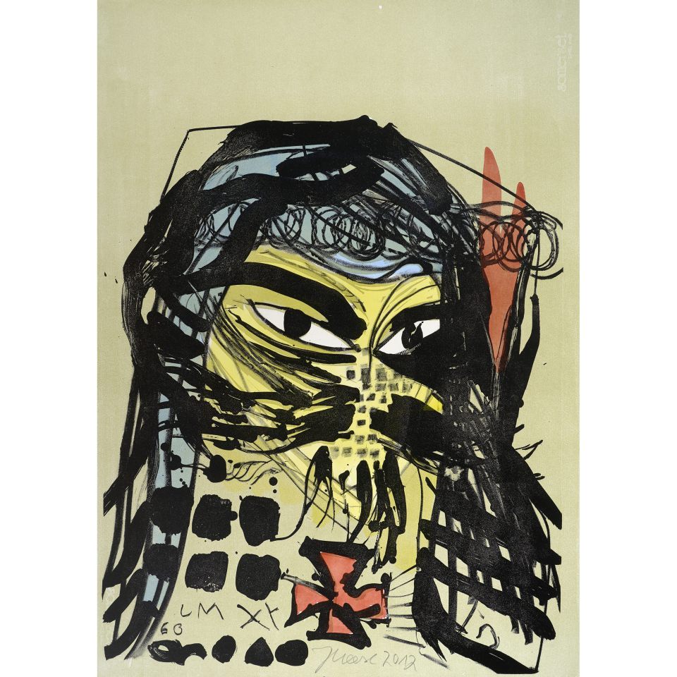 Jonathan Meese: HEILBUTTN'S DER KUNST (formzucki). 2012, Lithographie, handkoloriert, 76 x 55 cm