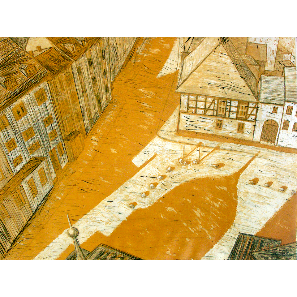 Britta Matthies: Dächer X - Altstädter Born. Farbradierung, Aquatinta von 2 Platten, 49 x 65 cm