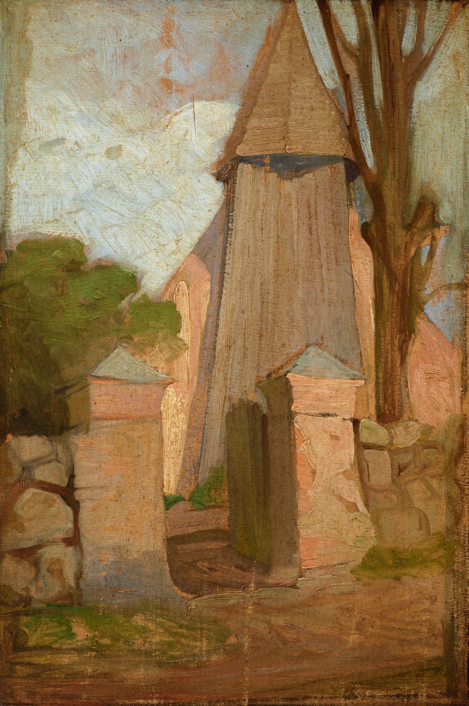 Thuro Balzer: Kirche in Biestow. Öl auf Malpappe, o.J. (Leihgabe: Marianne Niekrenz, Rostock)