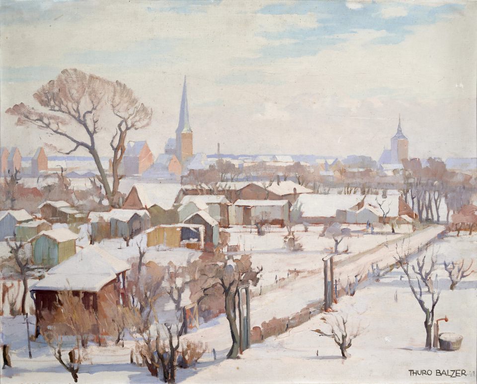 Thuro Balzer: Rostock Blick über Kleingärten im Schnee. Öl auf Leinwand, 1941 (Leihgabe: Johanna Völker, Neuenbürg)