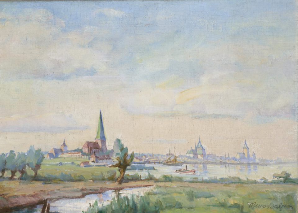 Thuro Balzer: Rostock Ansicht von Osten. Öl auf Leinwand, o.J. (Leihgabe: Klaus Flor, Rostock)