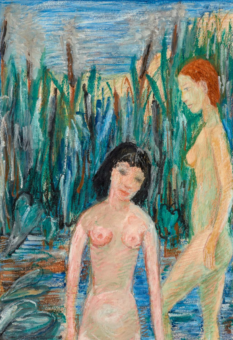 Kate Diehn-Bitt: Mädchen beim Baden. Handzeichnung Aquarellstift, 1958