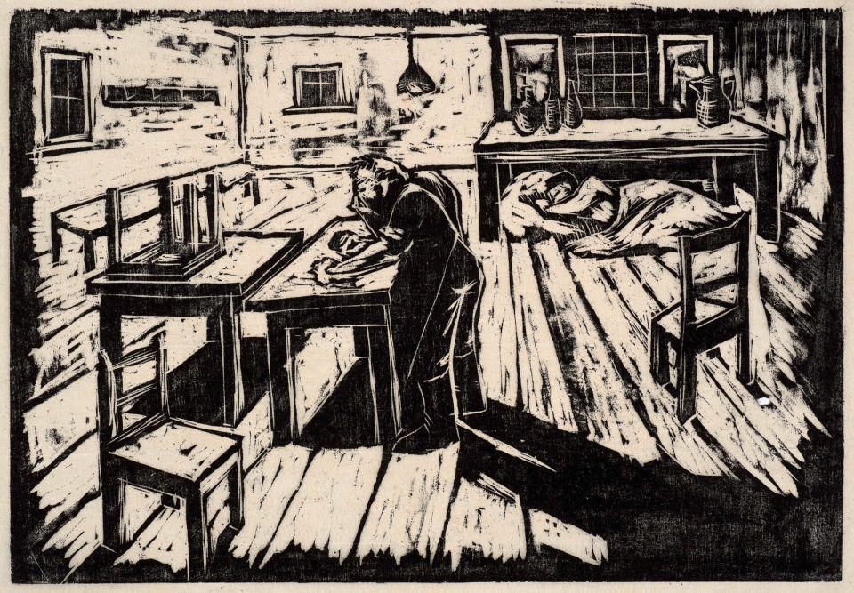 Hedwig Holtz-Sommer: Nächtliche Kneipe. Holzschnitt, o.J.