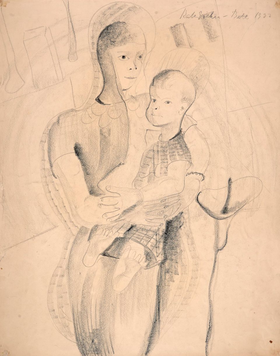 Kate Diehn-Bitt: Frau mit Kind neben Calla-Blüte. Handzeichnung Kreide, 1933