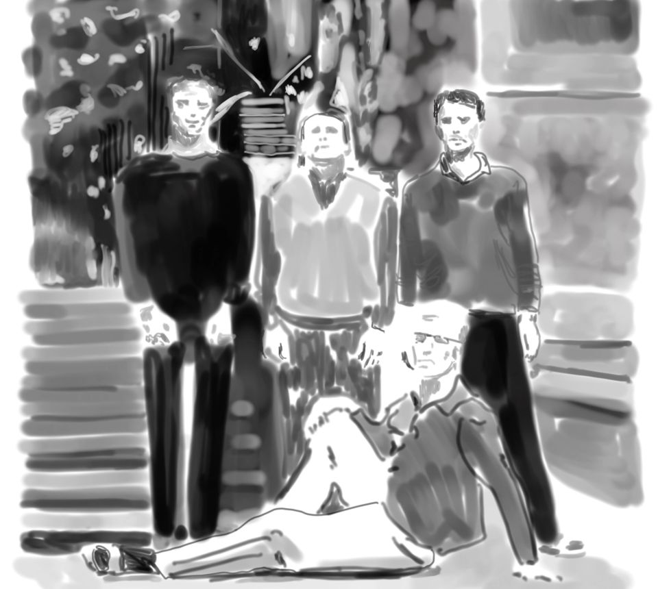 Matthias Dettmann: Uwe Johnson, vorne, mit anderen Gästen in der Villa Massimo (1962), iPad-Zeichnung, 2023