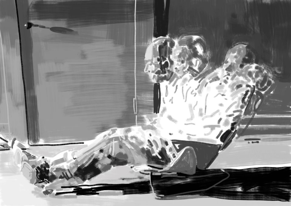 Matthias Dettmann: Billy Wilder testet den Lounge Chair von Charles and Ray Eames, LIFE-Magazin (1950), iPad-Zeichnung, 2023